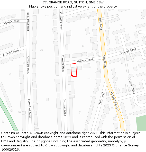 77, GRANGE ROAD, SUTTON, SM2 6SW: Location map and indicative extent of plot