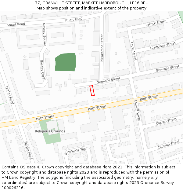 77, GRANVILLE STREET, MARKET HARBOROUGH, LE16 9EU: Location map and indicative extent of plot