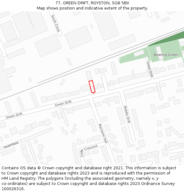 77, GREEN DRIFT, ROYSTON, SG8 5BX: Location map and indicative extent of plot