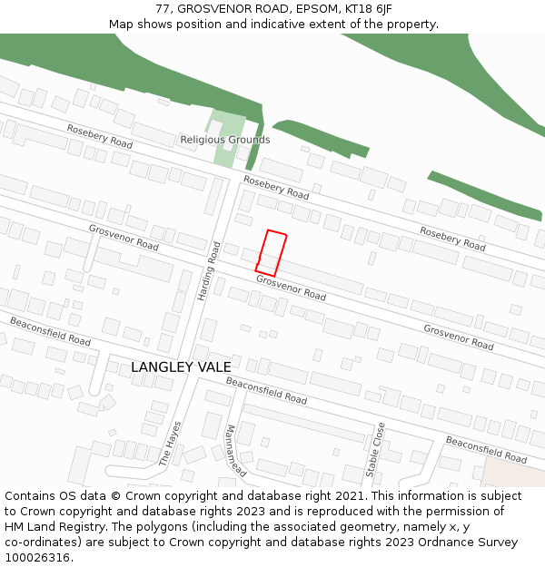 77, GROSVENOR ROAD, EPSOM, KT18 6JF: Location map and indicative extent of plot