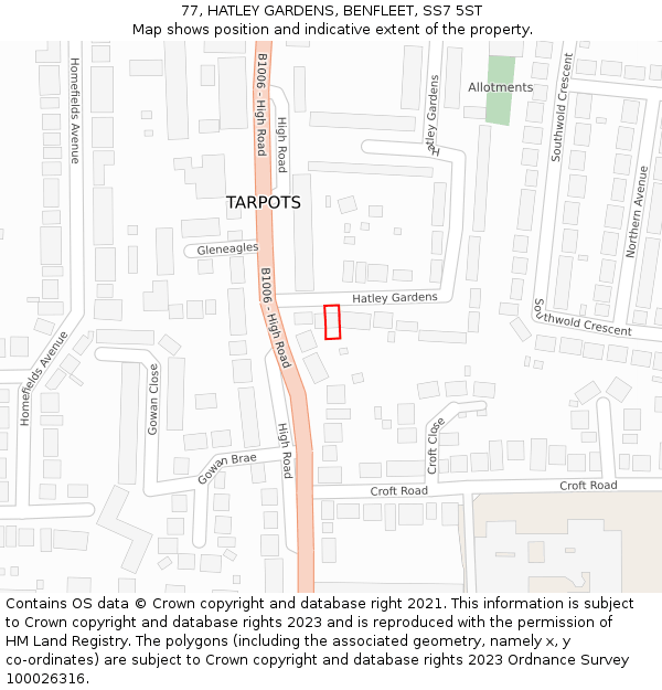 77, HATLEY GARDENS, BENFLEET, SS7 5ST: Location map and indicative extent of plot