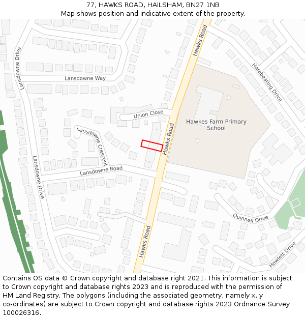 77, HAWKS ROAD, HAILSHAM, BN27 1NB: Location map and indicative extent of plot