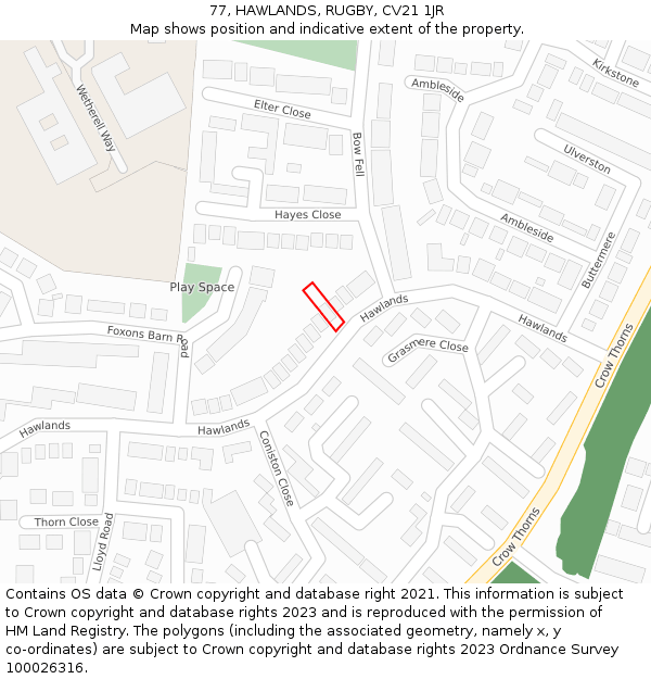 77, HAWLANDS, RUGBY, CV21 1JR: Location map and indicative extent of plot