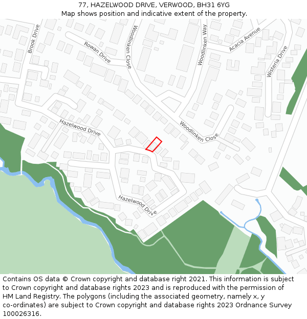 77, HAZELWOOD DRIVE, VERWOOD, BH31 6YG: Location map and indicative extent of plot