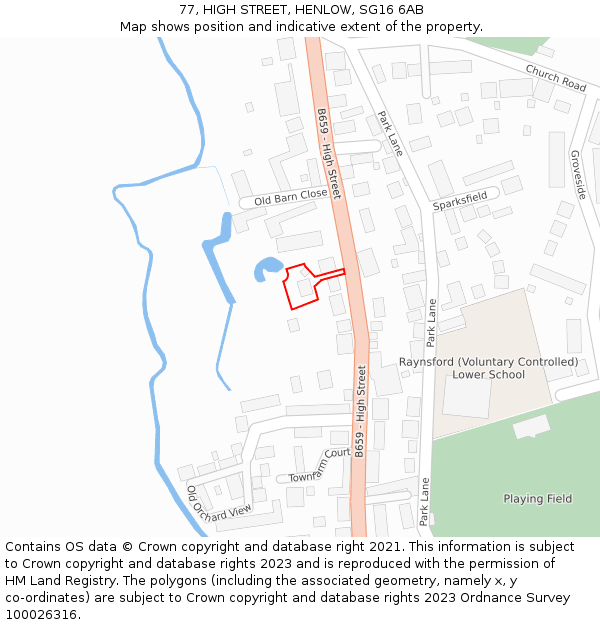 77, HIGH STREET, HENLOW, SG16 6AB: Location map and indicative extent of plot