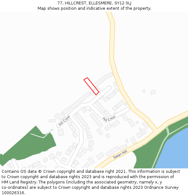 77, HILLCREST, ELLESMERE, SY12 0LJ: Location map and indicative extent of plot