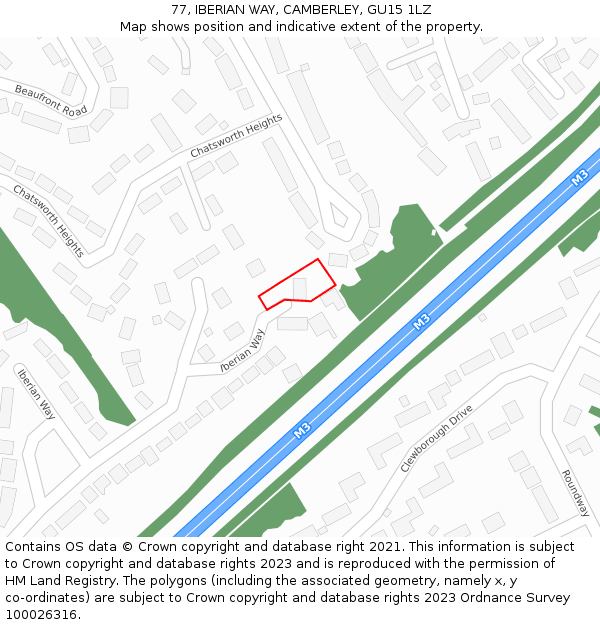 77, IBERIAN WAY, CAMBERLEY, GU15 1LZ: Location map and indicative extent of plot