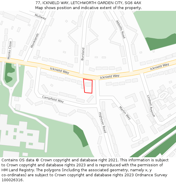 77, ICKNIELD WAY, LETCHWORTH GARDEN CITY, SG6 4AX: Location map and indicative extent of plot