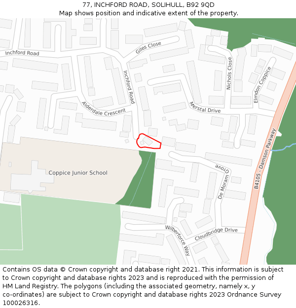 77, INCHFORD ROAD, SOLIHULL, B92 9QD: Location map and indicative extent of plot