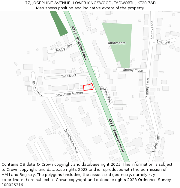 77, JOSEPHINE AVENUE, LOWER KINGSWOOD, TADWORTH, KT20 7AB: Location map and indicative extent of plot