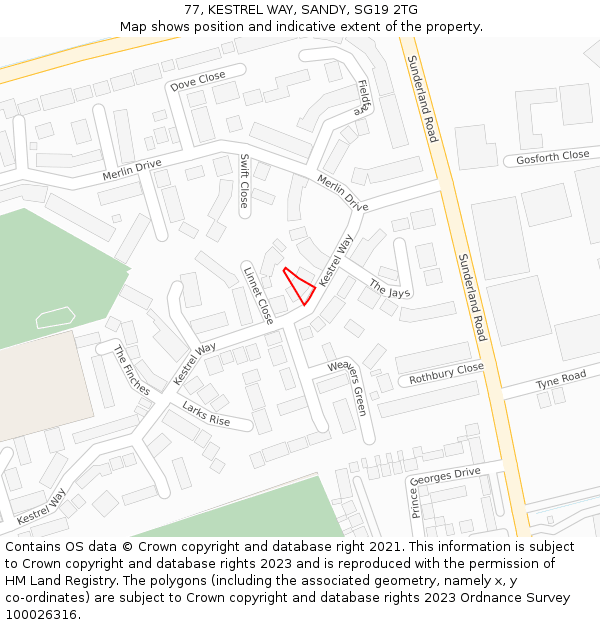 77, KESTREL WAY, SANDY, SG19 2TG: Location map and indicative extent of plot