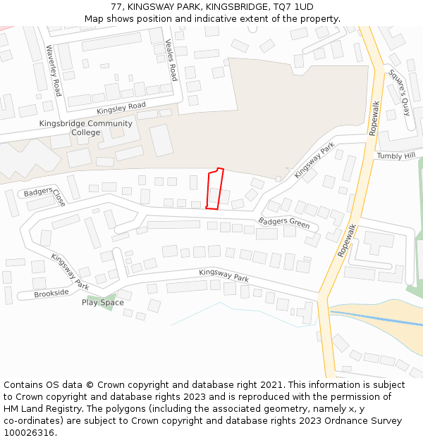 77, KINGSWAY PARK, KINGSBRIDGE, TQ7 1UD: Location map and indicative extent of plot