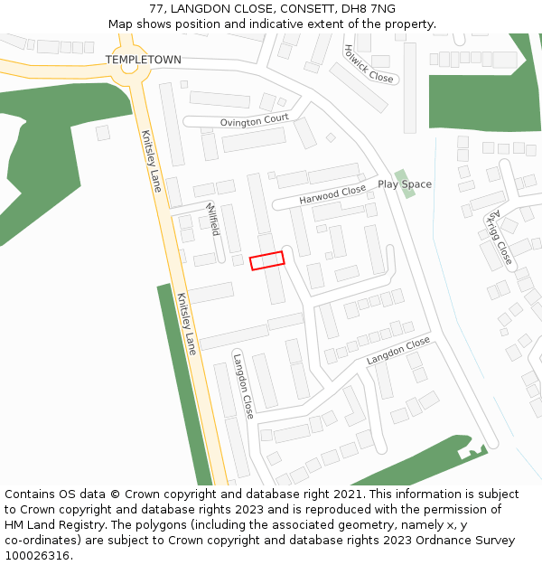 77, LANGDON CLOSE, CONSETT, DH8 7NG: Location map and indicative extent of plot