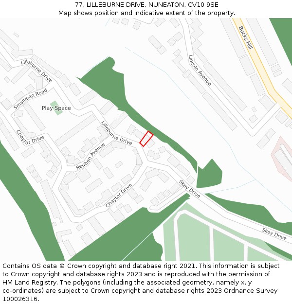 77, LILLEBURNE DRIVE, NUNEATON, CV10 9SE: Location map and indicative extent of plot