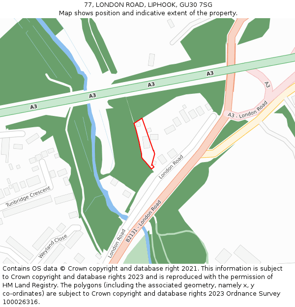 77, LONDON ROAD, LIPHOOK, GU30 7SG: Location map and indicative extent of plot