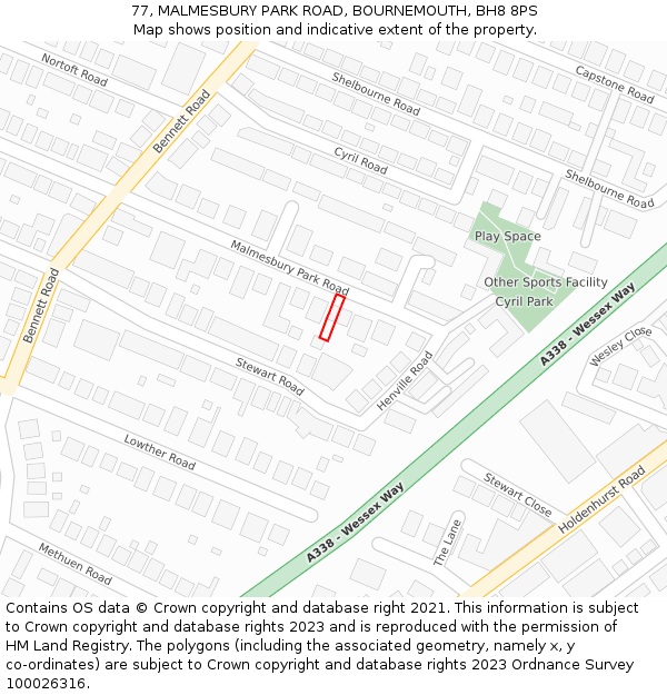 77, MALMESBURY PARK ROAD, BOURNEMOUTH, BH8 8PS: Location map and indicative extent of plot