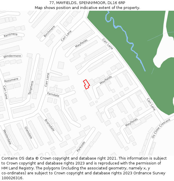 77, MAYFIELDS, SPENNYMOOR, DL16 6RP: Location map and indicative extent of plot