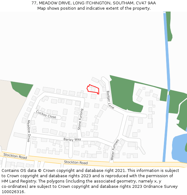 77, MEADOW DRIVE, LONG ITCHINGTON, SOUTHAM, CV47 9AA: Location map and indicative extent of plot