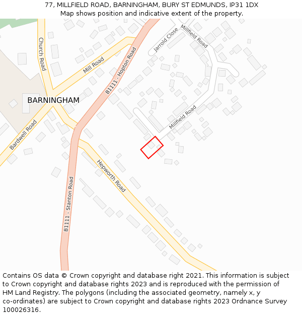 77, MILLFIELD ROAD, BARNINGHAM, BURY ST EDMUNDS, IP31 1DX: Location map and indicative extent of plot