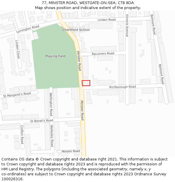 77, MINSTER ROAD, WESTGATE-ON-SEA, CT8 8DA: Location map and indicative extent of plot