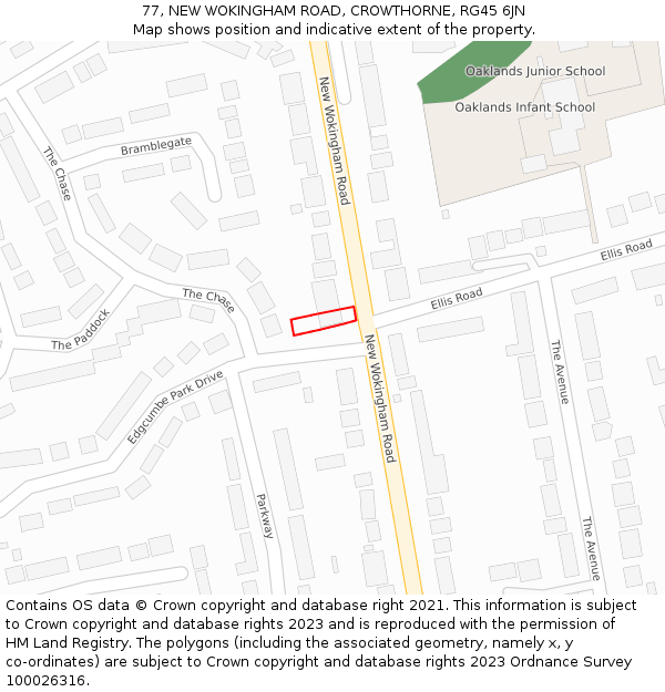77, NEW WOKINGHAM ROAD, CROWTHORNE, RG45 6JN: Location map and indicative extent of plot