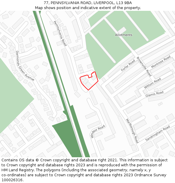 77, PENNSYLVANIA ROAD, LIVERPOOL, L13 9BA: Location map and indicative extent of plot