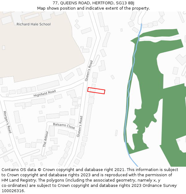 77, QUEENS ROAD, HERTFORD, SG13 8BJ: Location map and indicative extent of plot