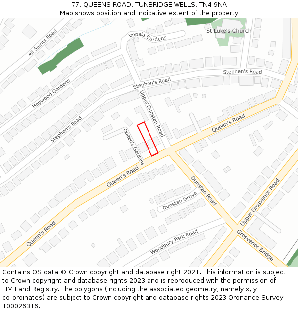 77, QUEENS ROAD, TUNBRIDGE WELLS, TN4 9NA: Location map and indicative extent of plot