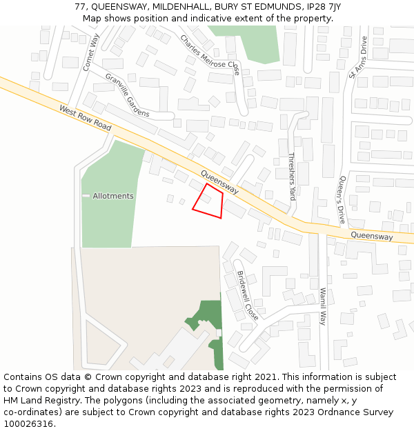 77, QUEENSWAY, MILDENHALL, BURY ST EDMUNDS, IP28 7JY: Location map and indicative extent of plot