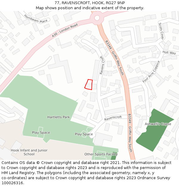 77, RAVENSCROFT, HOOK, RG27 9NP: Location map and indicative extent of plot