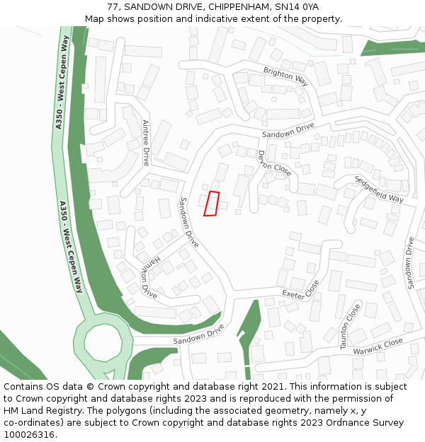 77, SANDOWN DRIVE, CHIPPENHAM, SN14 0YA: Location map and indicative extent of plot