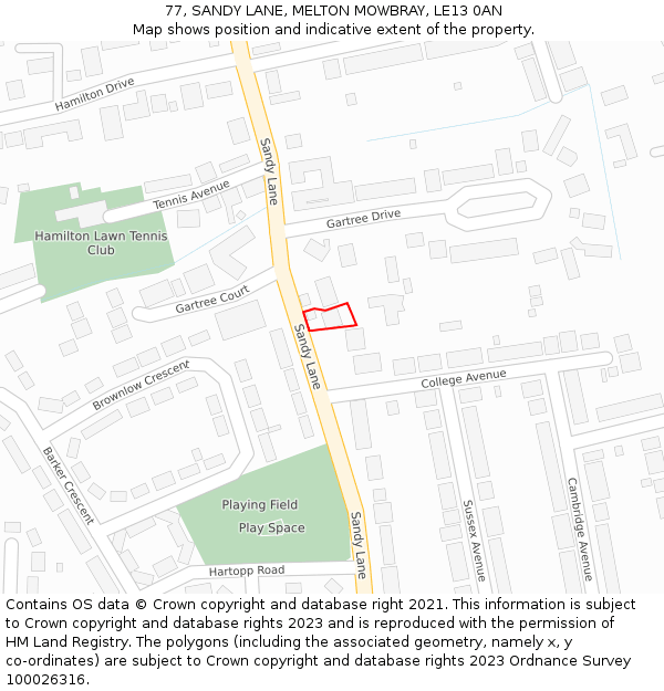 77, SANDY LANE, MELTON MOWBRAY, LE13 0AN: Location map and indicative extent of plot