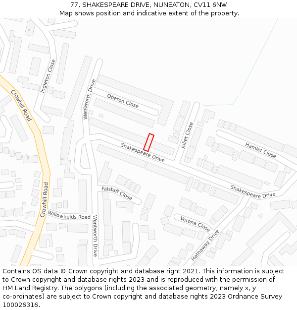 77, SHAKESPEARE DRIVE, NUNEATON, CV11 6NW: Location map and indicative extent of plot