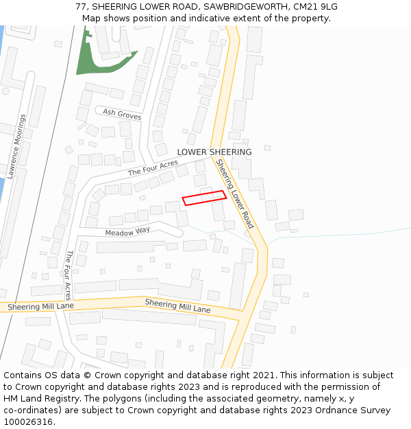 77, SHEERING LOWER ROAD, SAWBRIDGEWORTH, CM21 9LG: Location map and indicative extent of plot