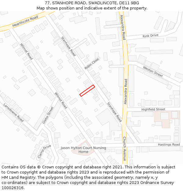 77, STANHOPE ROAD, SWADLINCOTE, DE11 9BG: Location map and indicative extent of plot