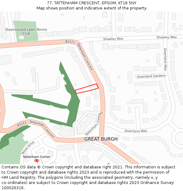 77, TATTENHAM CRESCENT, EPSOM, KT18 5NY: Location map and indicative extent of plot