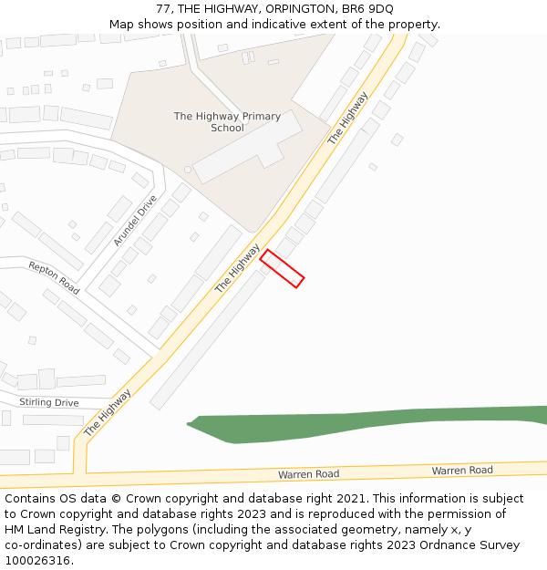 77, THE HIGHWAY, ORPINGTON, BR6 9DQ: Location map and indicative extent of plot