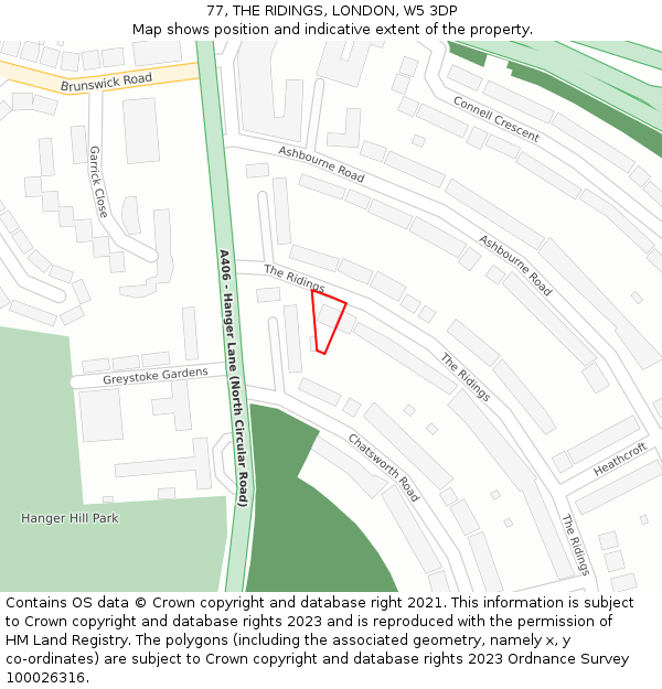 77, THE RIDINGS, LONDON, W5 3DP: Location map and indicative extent of plot