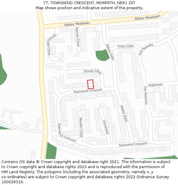 77, TOWNSEND CRESCENT, MORPETH, NE61 2XT: Location map and indicative extent of plot