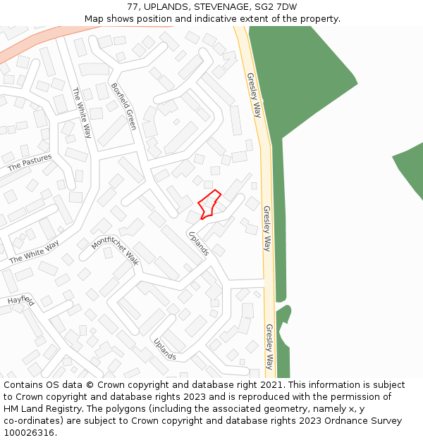 77, UPLANDS, STEVENAGE, SG2 7DW: Location map and indicative extent of plot