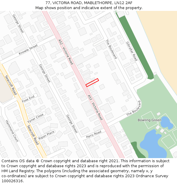 77, VICTORIA ROAD, MABLETHORPE, LN12 2AF: Location map and indicative extent of plot
