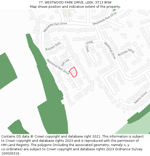 77, WESTWOOD PARK DRIVE, LEEK, ST13 8NW: Location map and indicative extent of plot