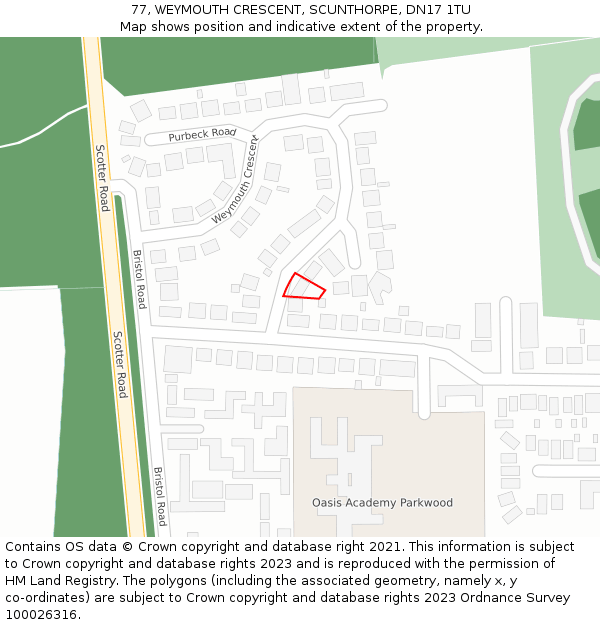 77, WEYMOUTH CRESCENT, SCUNTHORPE, DN17 1TU: Location map and indicative extent of plot