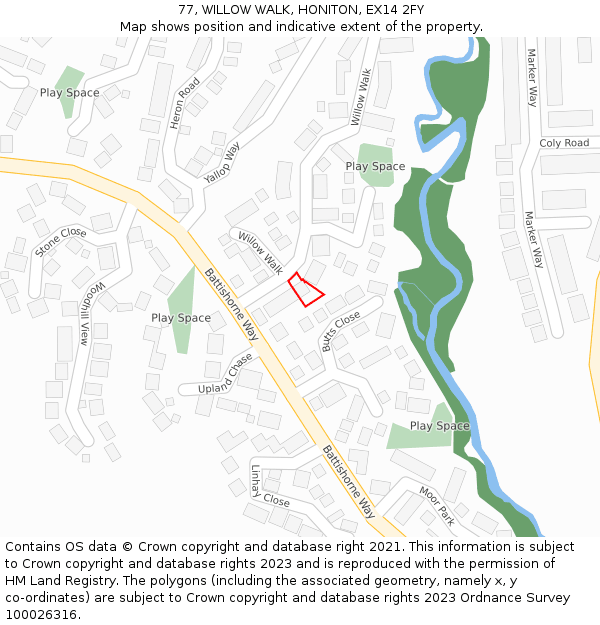 77, WILLOW WALK, HONITON, EX14 2FY: Location map and indicative extent of plot