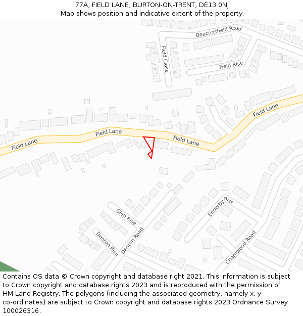 77A, FIELD LANE, BURTON-ON-TRENT, DE13 0NJ: Location map and indicative extent of plot