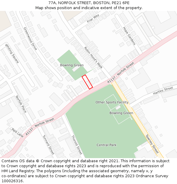 77A, NORFOLK STREET, BOSTON, PE21 6PE: Location map and indicative extent of plot