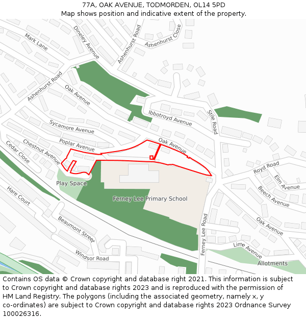 77A, OAK AVENUE, TODMORDEN, OL14 5PD: Location map and indicative extent of plot