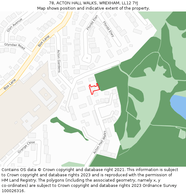78, ACTON HALL WALKS, WREXHAM, LL12 7YJ: Location map and indicative extent of plot