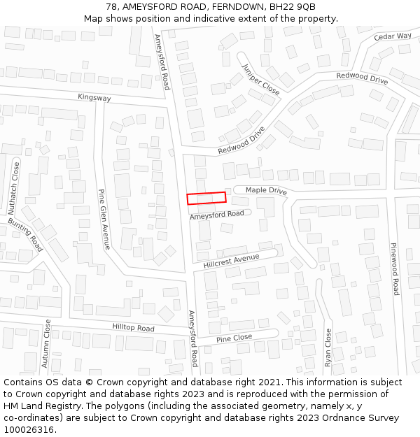 78, AMEYSFORD ROAD, FERNDOWN, BH22 9QB: Location map and indicative extent of plot