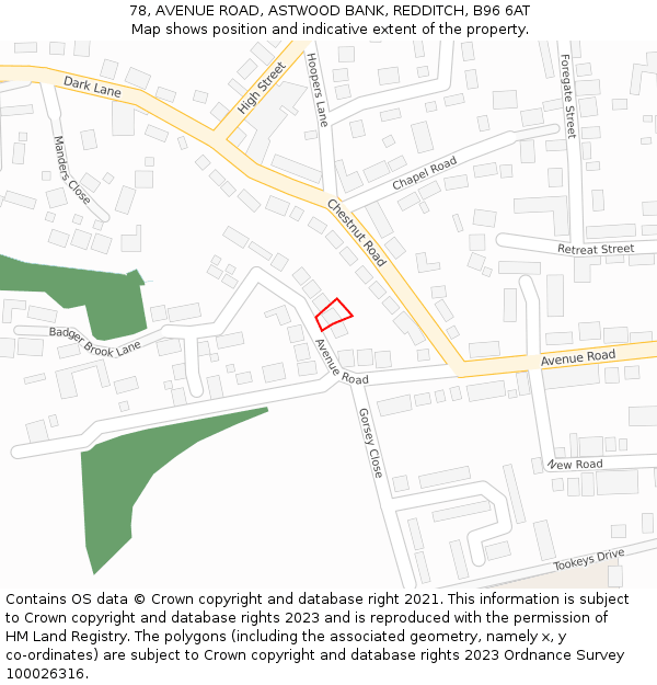78, AVENUE ROAD, ASTWOOD BANK, REDDITCH, B96 6AT: Location map and indicative extent of plot